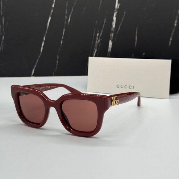 NEW GG1828S 003 GUCCI SUNGLASSES SHINY SOLID BURGUNDY WOMEN EYEWEAR GUCCI - Picture 1 of 12